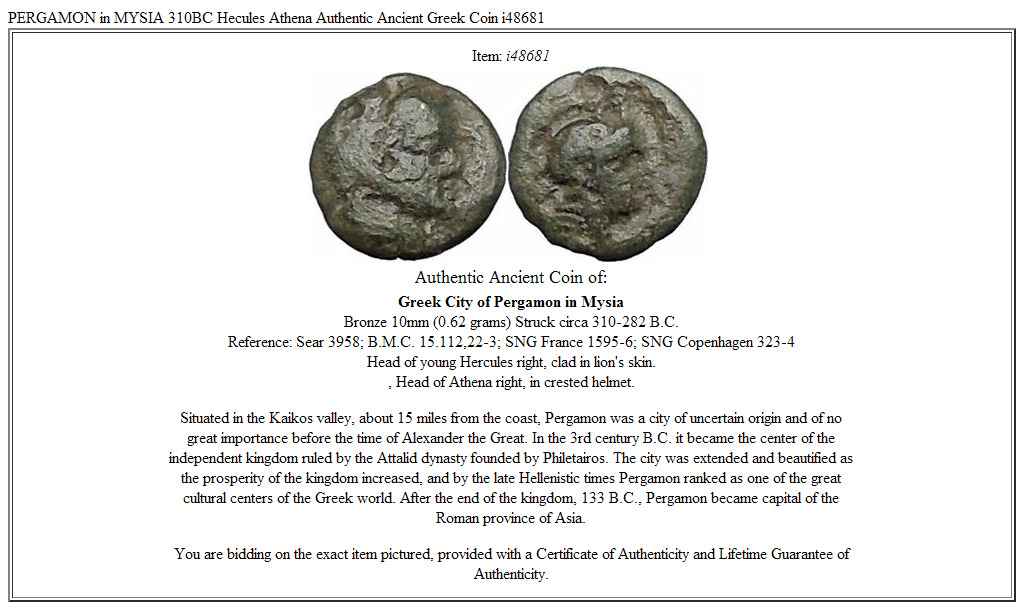 PERGAMON in MYSIA 310BC Hecules Athena Authentic Ancient Greek Coin i48681