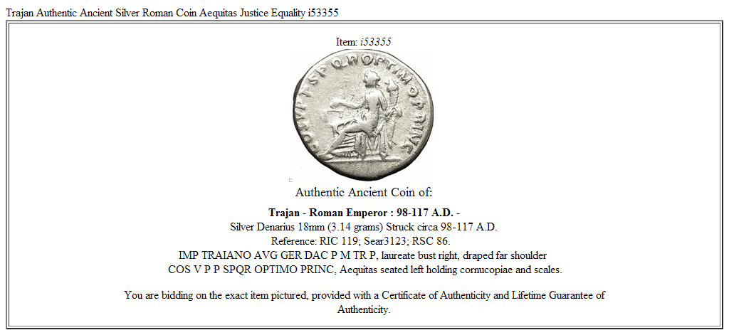 Trajan Authentic Ancient Silver Roman Coin Aequitas Justice Equality i53355