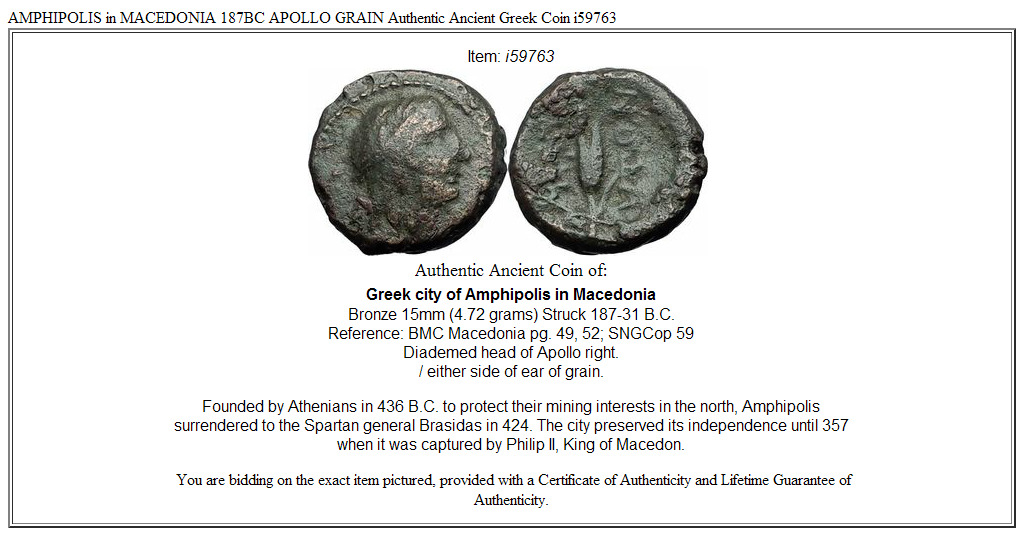 AMPHIPOLIS in MACEDONIA 187BC APOLLO GRAIN Authentic Ancient Greek Coin i59763