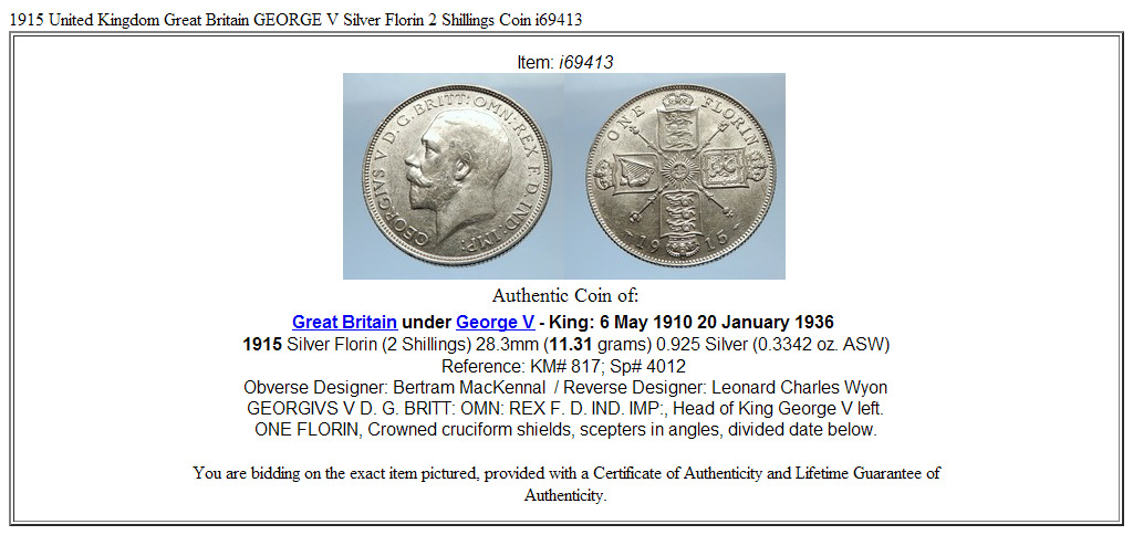 1915 United Kingdom Great Britain GEORGE V Silver Florin 2 Shillings Coin i69413