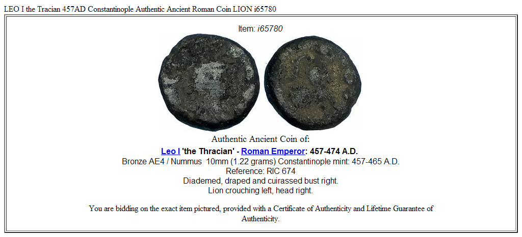 LEO I the Tracian 457AD Constantinople Authentic Ancient Roman Coin LION i65780