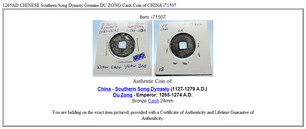 1265AD CHINESE Southern Song Dynasty Genuine DU ZONG Cash Coin of CHINA i71507