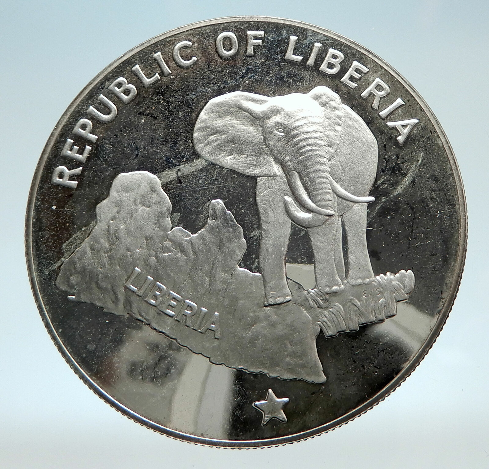 1973 LIBERIA State Map with Elephant Antique Genuine Proof Silver $5 Coin i75207