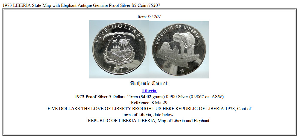 1973 LIBERIA State Map with Elephant Antique Genuine Proof Silver $5 Coin i75207