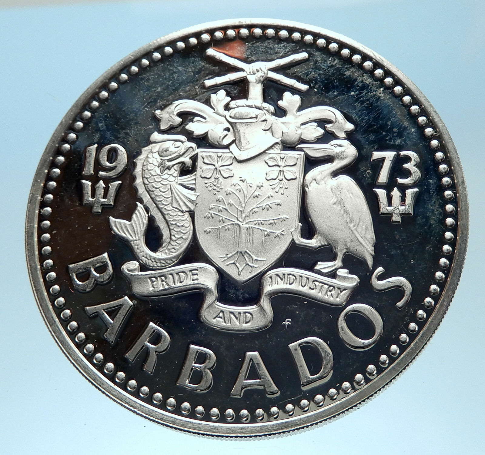 1973 BARBADOS Huge 4.2cm Genuine Proof Silver 10 Dollars Coin w NEPTUNE i77448