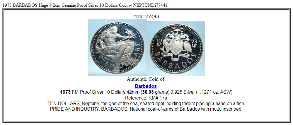 1973 BARBADOS Huge 4.2cm Genuine Proof Silver 10 Dollars Coin w NEPTUNE i77448