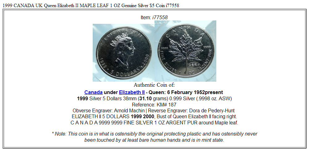 1999 CANADA UK Queen Elizabeth II MAPLE LEAF 1 OZ Genuine Silver $5 Coin i77558