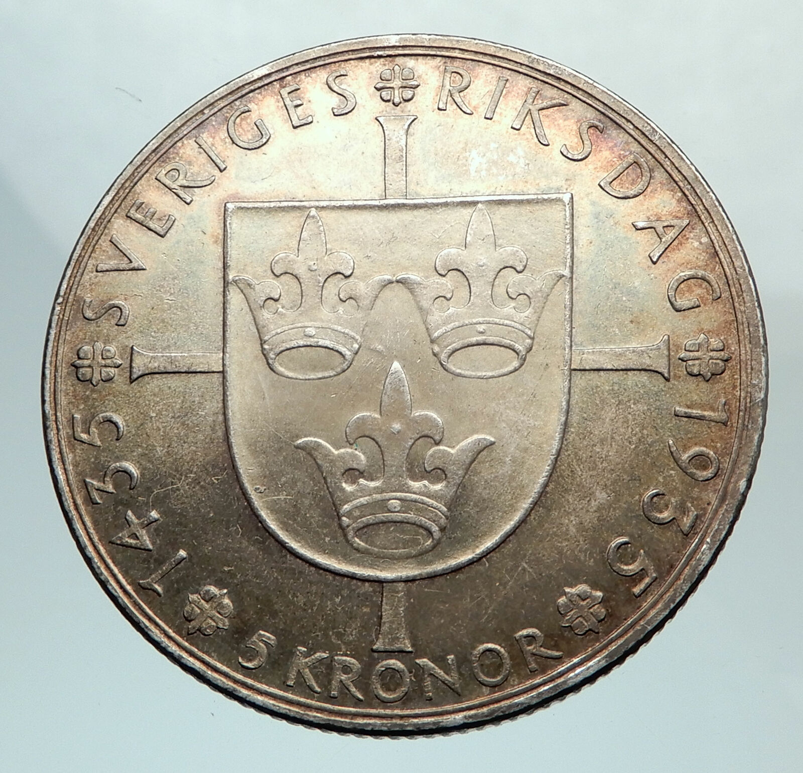 1935 SWEDEN w Riksdag KING Gustav V SWEDISH Antique Silver 5 Kronor Coin i80113