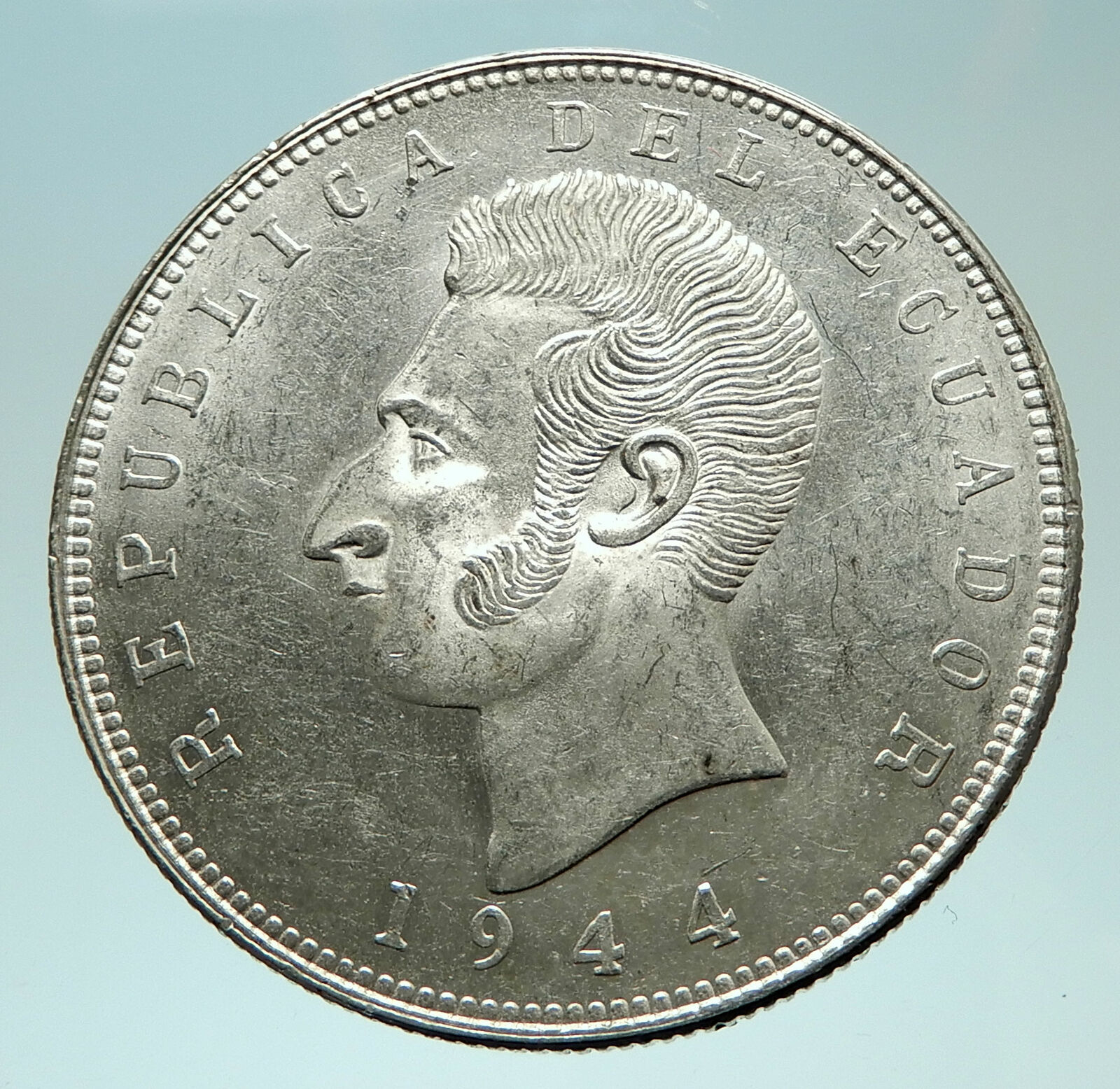 1944 ECUADOR Antonio Jose de Sucre y Alcala Antique Silver 5 Sucres Coin i76034