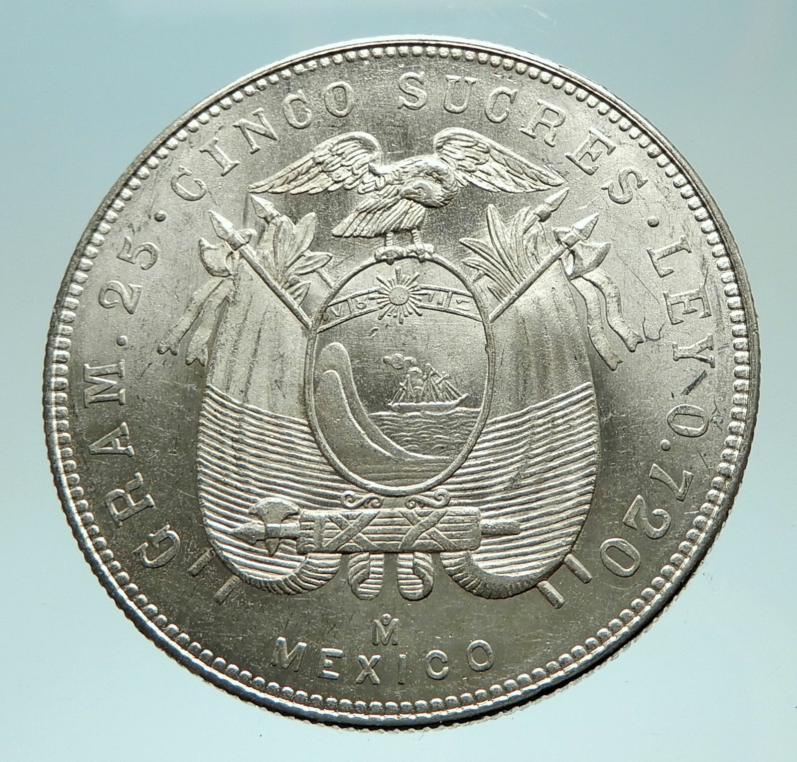 1944 ECUADOR Antonio Jose de Sucre y Alcala Antique Silver 5 Sucres Coin i76034