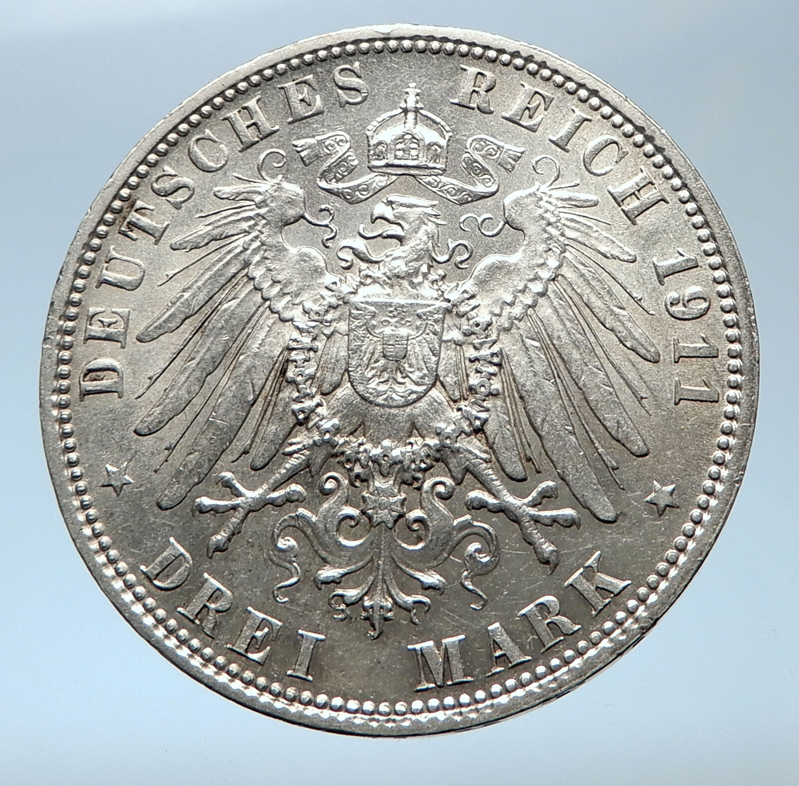 1911 GERMANY Bavaria Otto I w PRINCE LUITPOLD Antique Silver 3 Marks Coin i73862