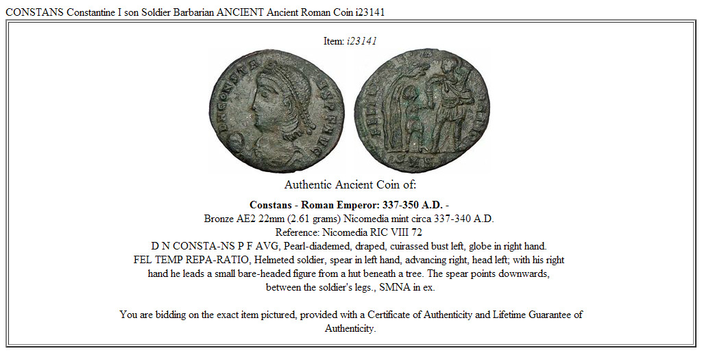 CONSTANS Constantine I son Soldier Barbarian ANCIENT Ancient Roman Coin i23141