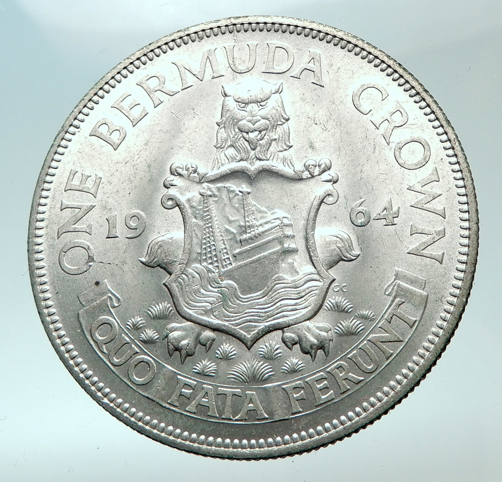 1964 Bermuda British Colony LARGE Elizabeth II Antique Silver Crown Coin i82144