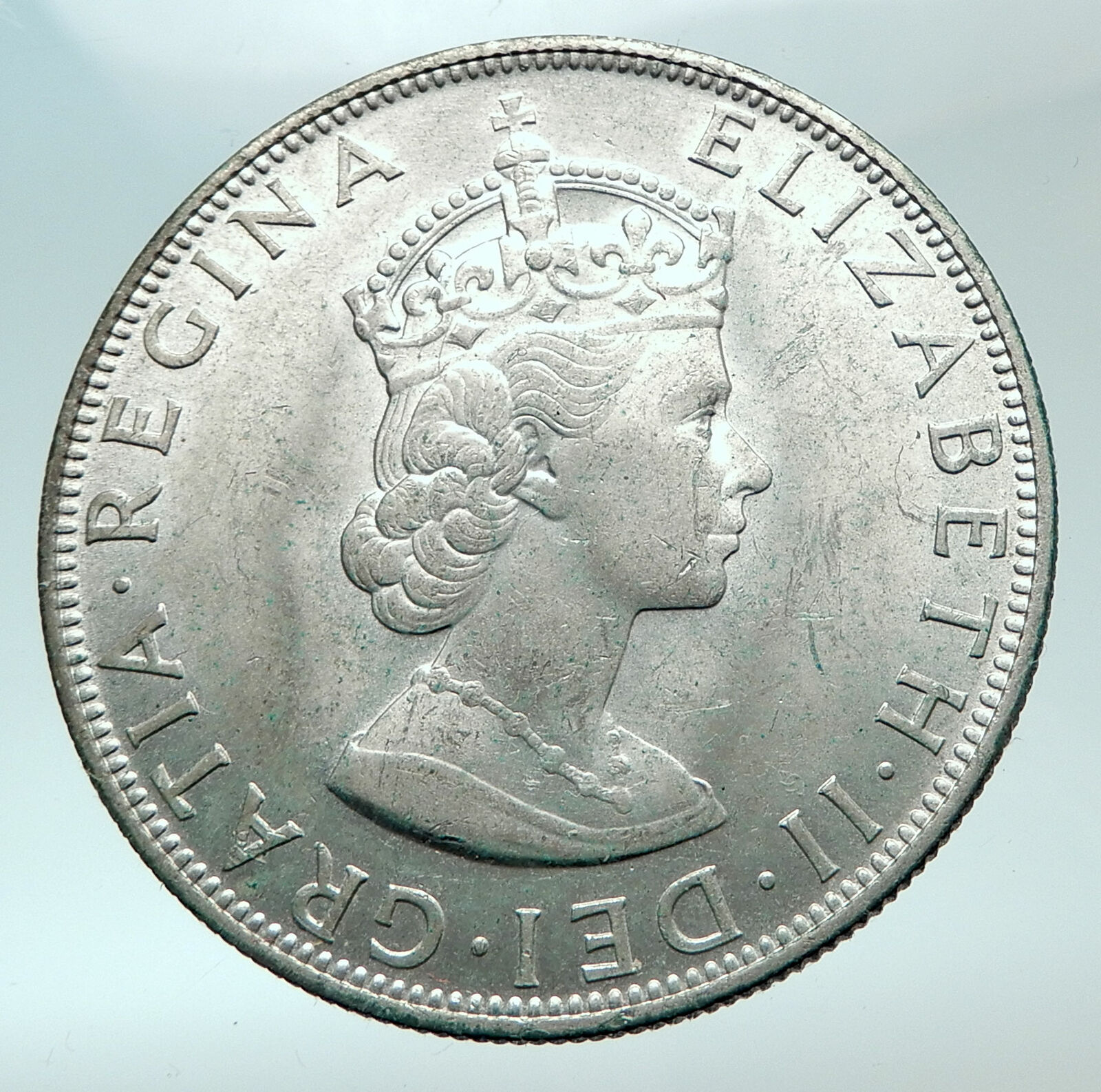 1964 Bermuda British Colony LARGE Elizabeth II Antique Silver Crown Coin i82144