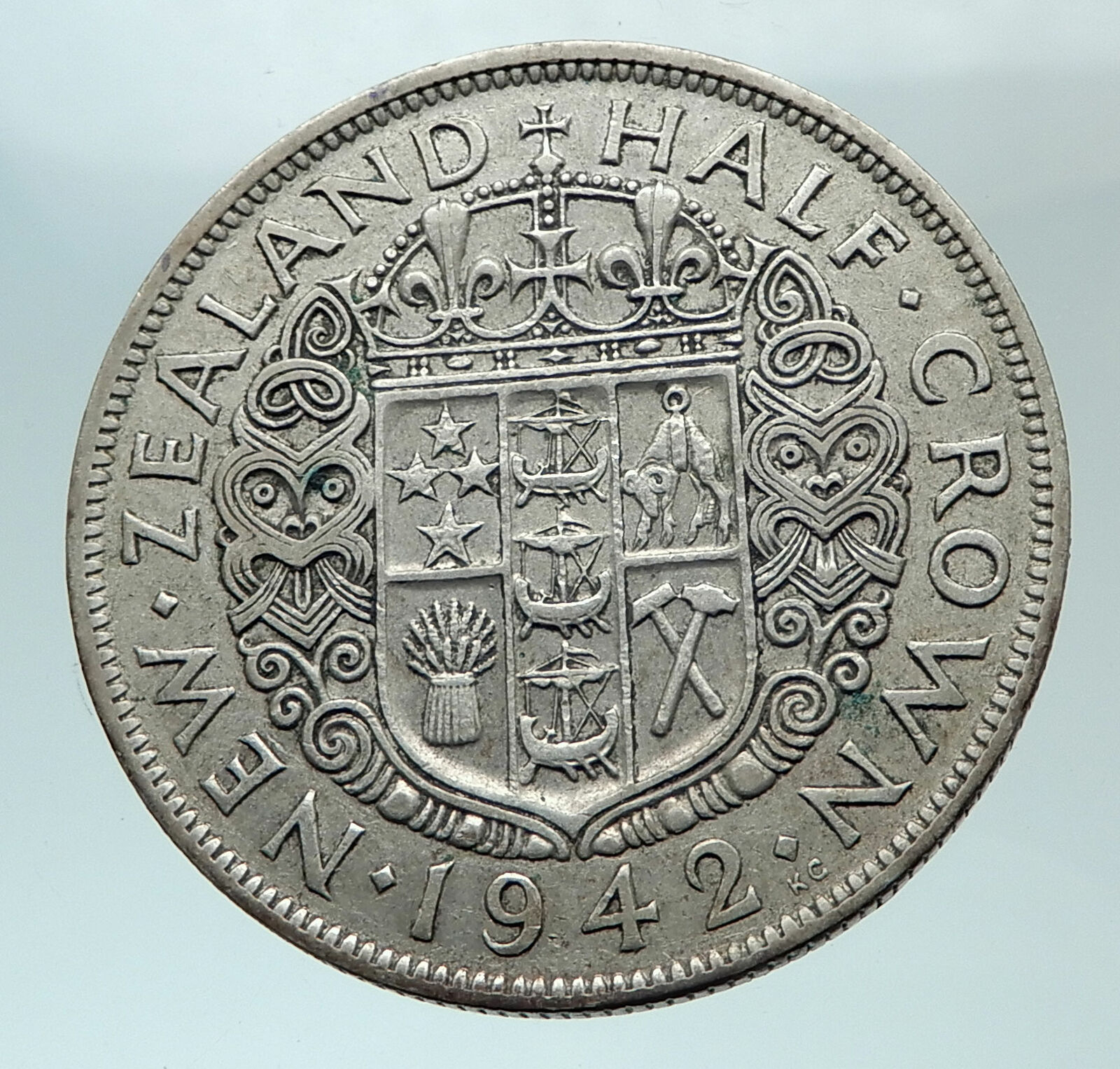 1942 NEW ZEALAND under UK King George VI Silver 1/2 Crown Coin Shield i82153