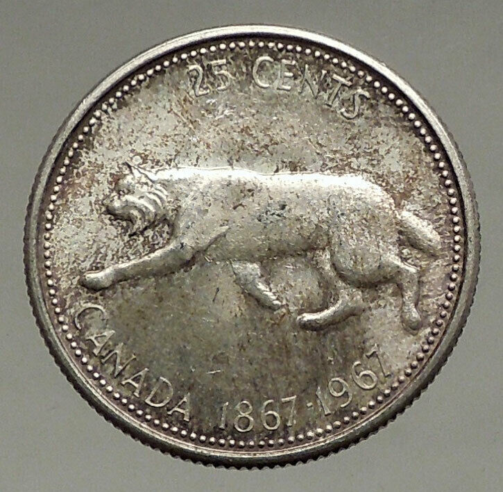 1967 CANADA Confederation Centennial Silver 25 Cents Coin LYNX Wild Cat i56676