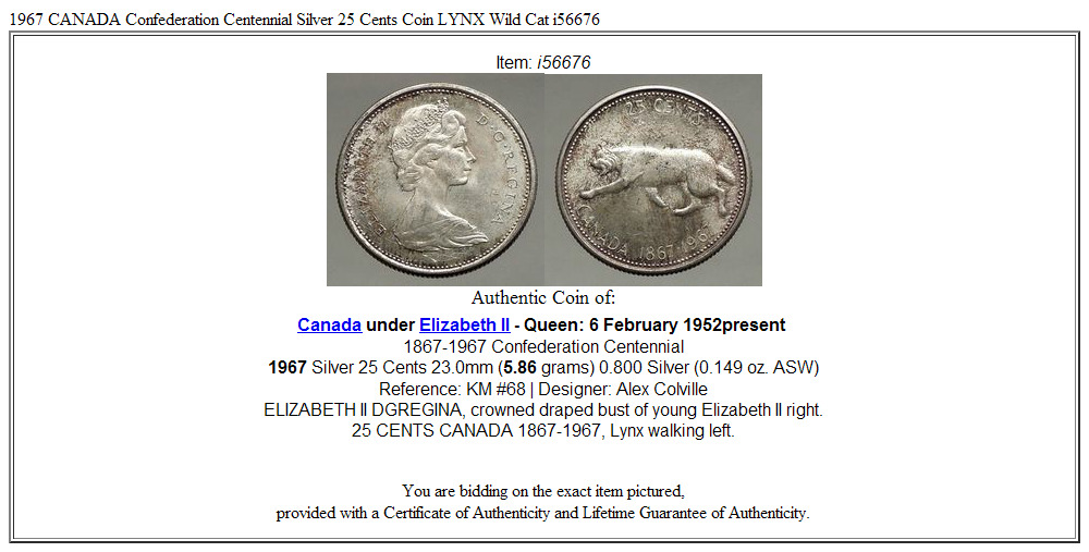 1967 CANADA Confederation Centennial Silver 25 Cents Coin LYNX Wild Cat i56676