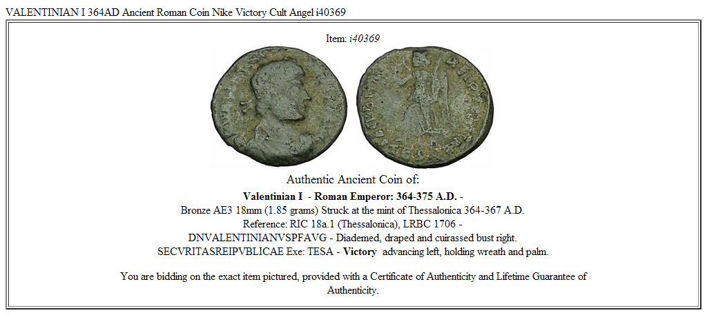 VALENTINIAN I 364AD Ancient Roman Coin Nike Victory Cult Angel i40369