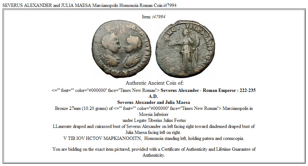 SEVERUS ALEXANDER and JULIA MAESA Marcianopolis Homonoia Roman Coin i47994