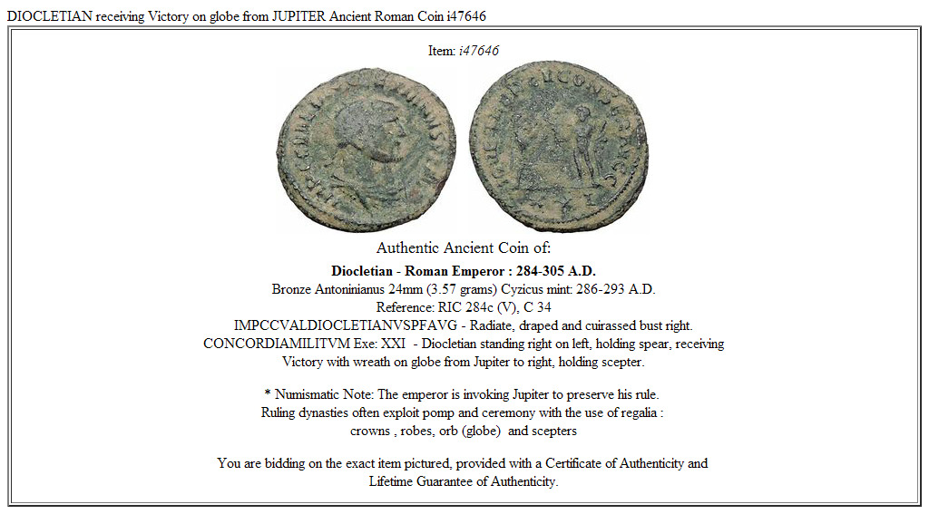 DIOCLETIAN receiving Victory on globe from JUPITER Ancient Roman Coin i47646