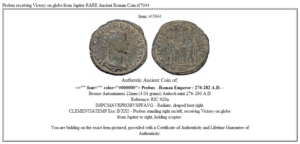 Probus receiving Victory on globe from Jupiter RARE Ancient Roman Coin i47044