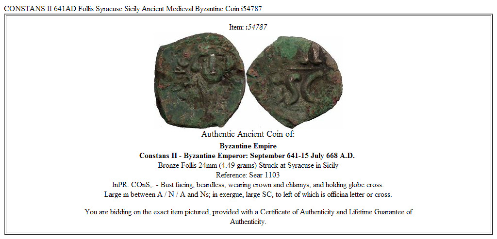 CONSTANS II 641AD Follis Syracuse Sicily Ancient Medieval Byzantine Coin i54787