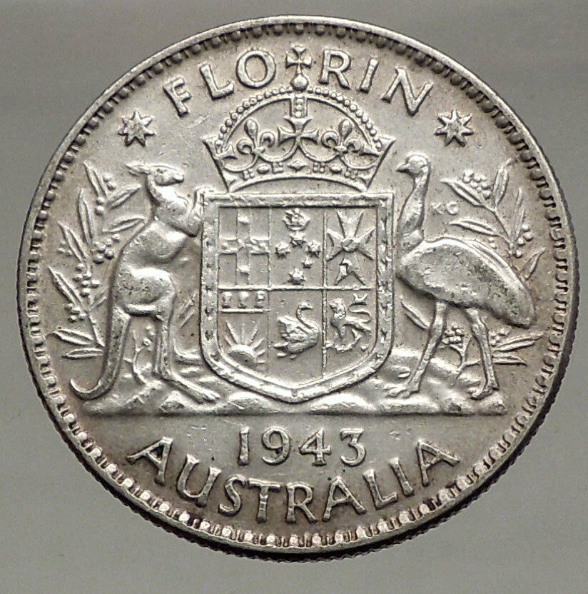 1943 AUSTRALIA - FLORIN Large SILVER Coin King George VI Coat-of-Arms i56698