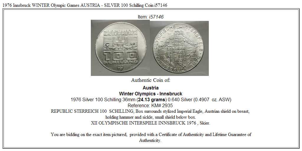 1976 Innsbruck WINTER Olympic Games AUSTRIA - SILVER 100 Schilling Coin i57146