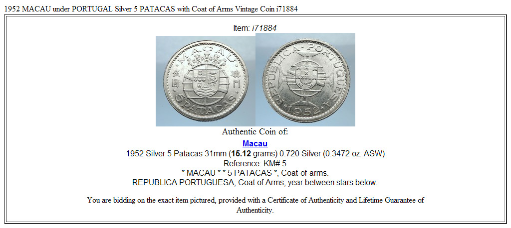 1952 MACAU under PORTUGAL Silver 5 PATACAS with Coat of Arms Vintage Coin i71884