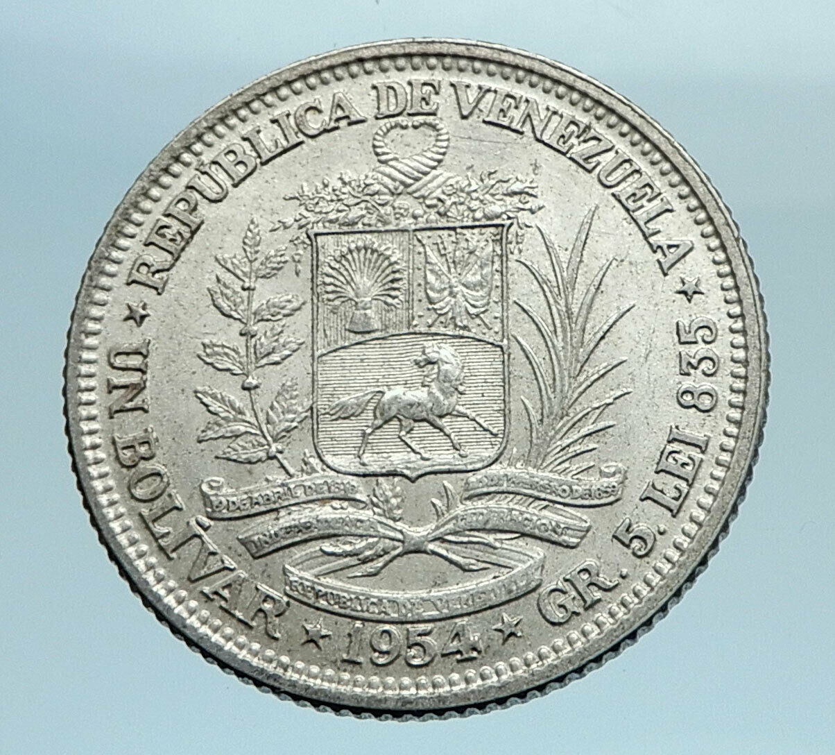 1954 Freemason President Simon Bolivar VENEZUELA Founder Silver 1B Coin i77739