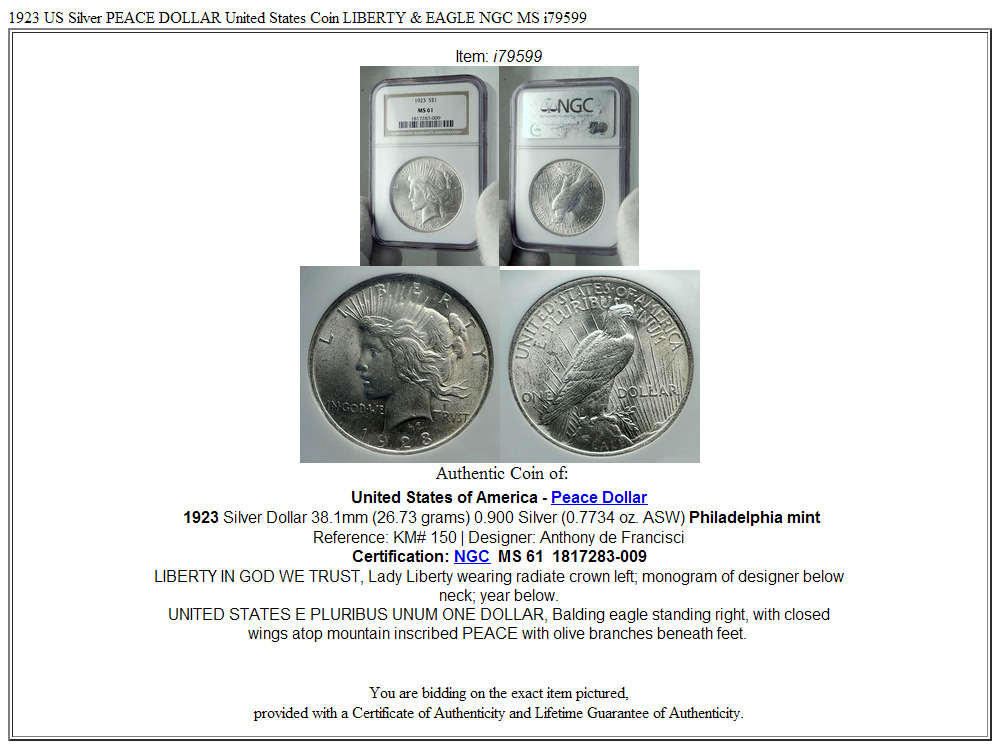 1923 US Silver PEACE DOLLAR United States Coin LIBERTY & EAGLE NGC MS i79599