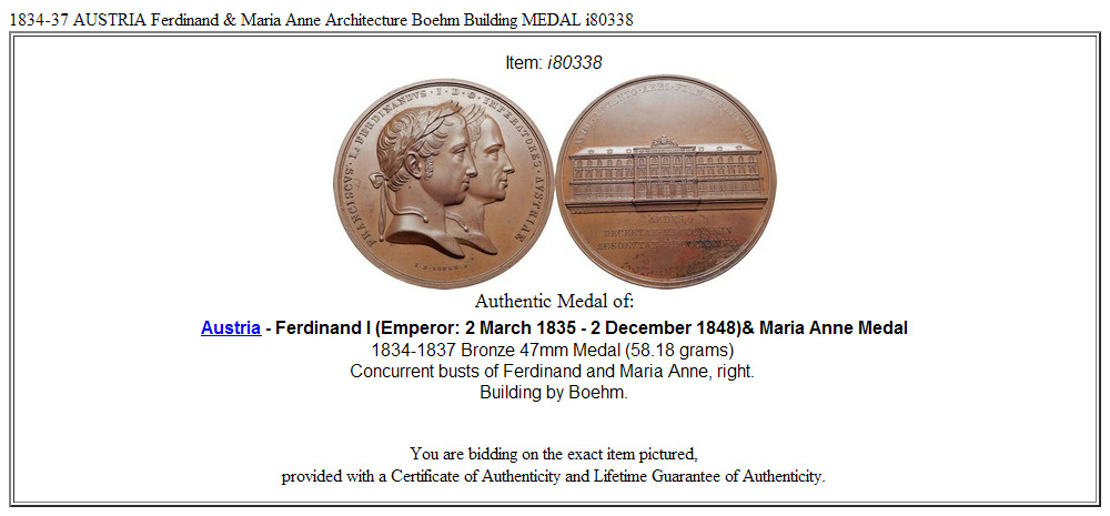 1834-37 AUSTRIA Ferdinand & Maria Anne Architecture Boehm Building MEDAL i80338