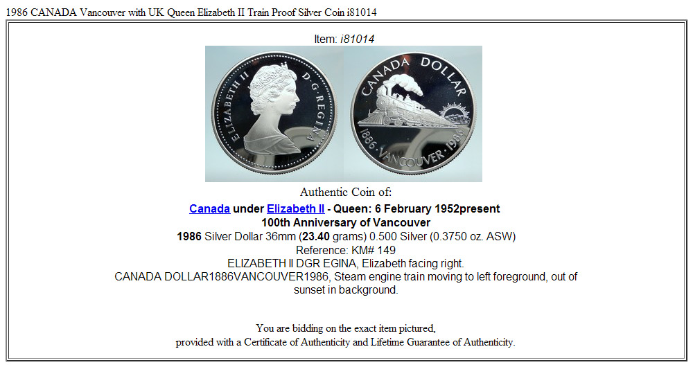 1986 CANADA Vancouver with UK Queen Elizabeth II Train Proof Silver Coin i81014