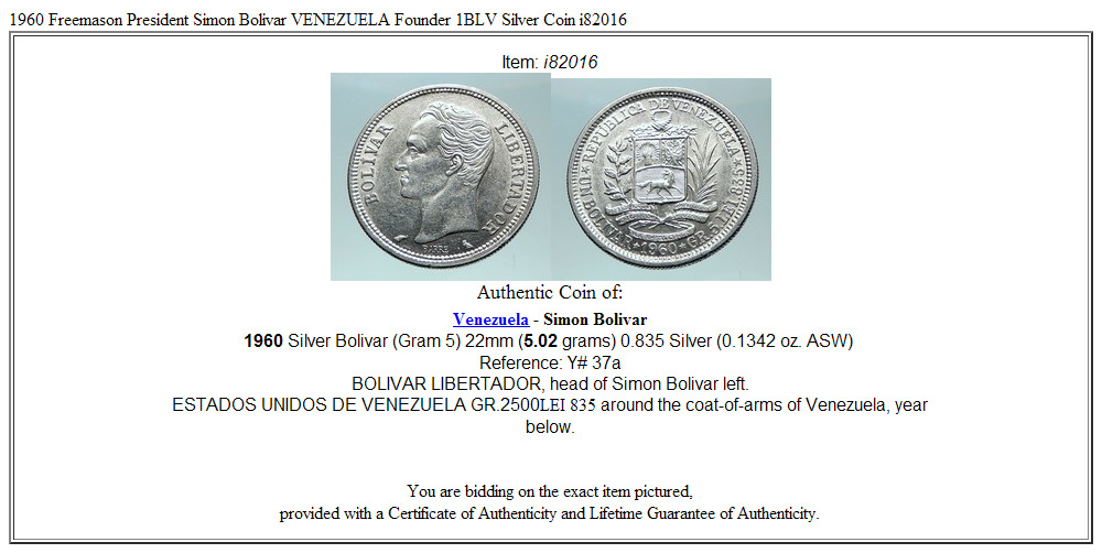 1960 Freemason President Simon Bolivar VENEZUELA Founder 1BLV Silver Coin i82016