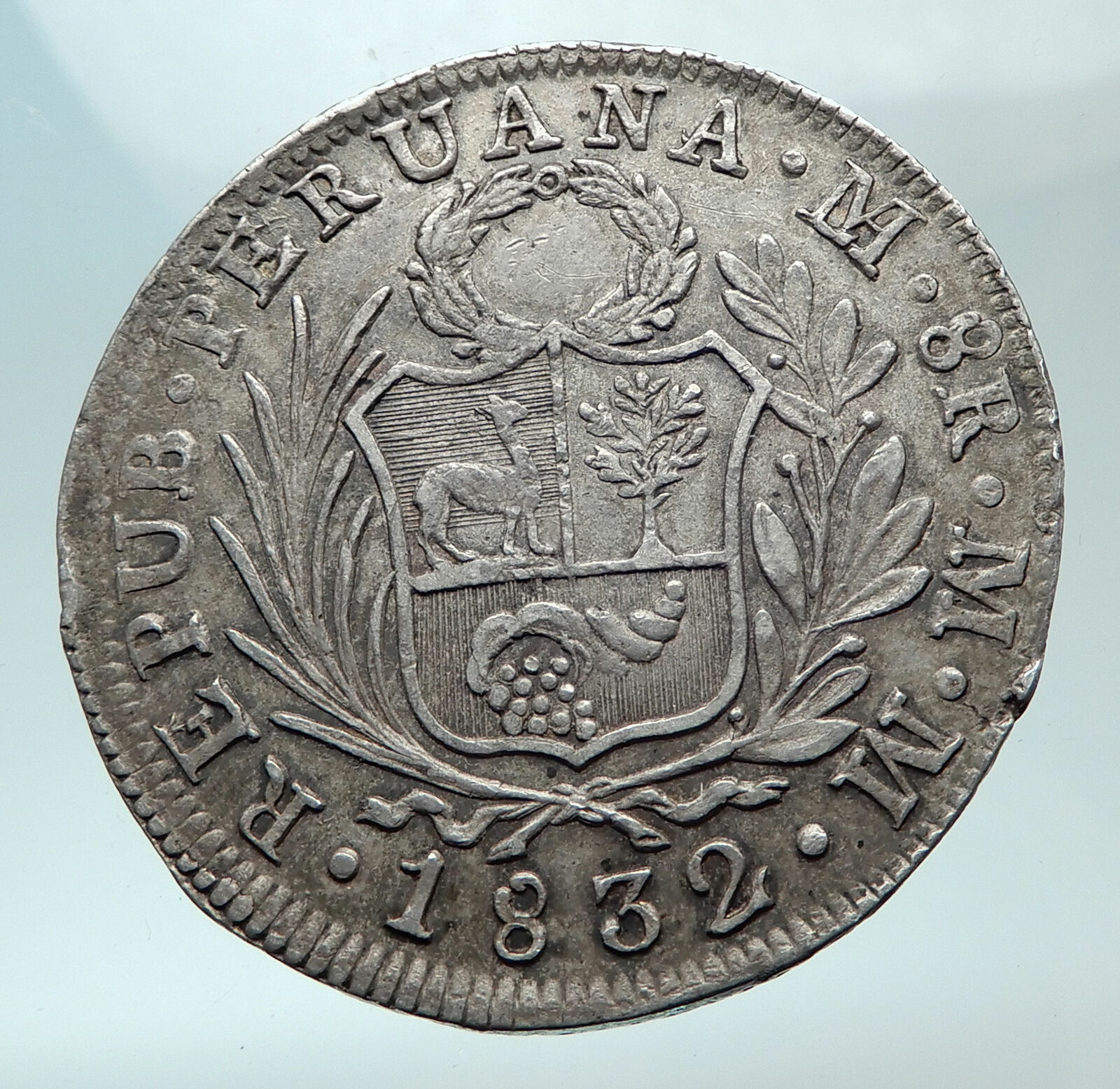 1832 PERU Antique LIBERY Huge Large Silver South America 8 Reales Coin i82150