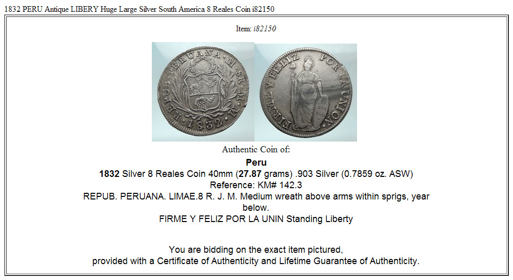 1832 PERU Antique LIBERY Huge Large Silver South America 8 Reales Coin i82150