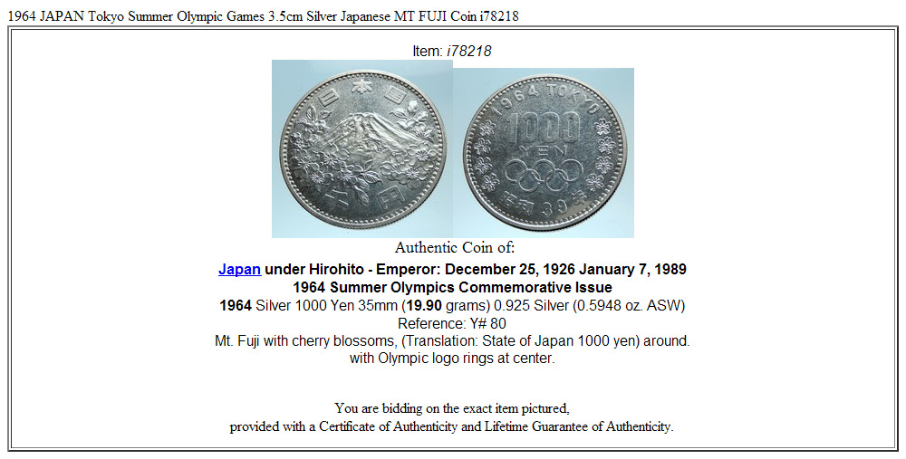 1964 JAPAN Tokyo Summer Olympic Games 3.5cm Silver Japanese MT FUJI Coin i78218