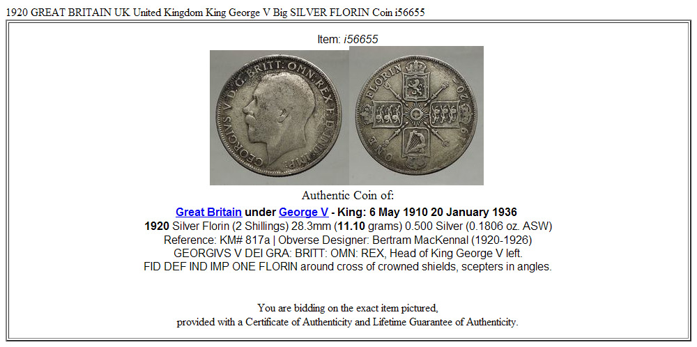 1920 GREAT BRITAIN UK United Kingdom King George V Big SILVER FLORIN Coin i56655