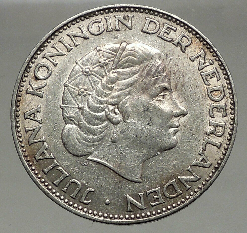 1961 Netherlands Kingdom Queen JULIANA Authentic Silver 2 1/2 Gulden Coin i56605