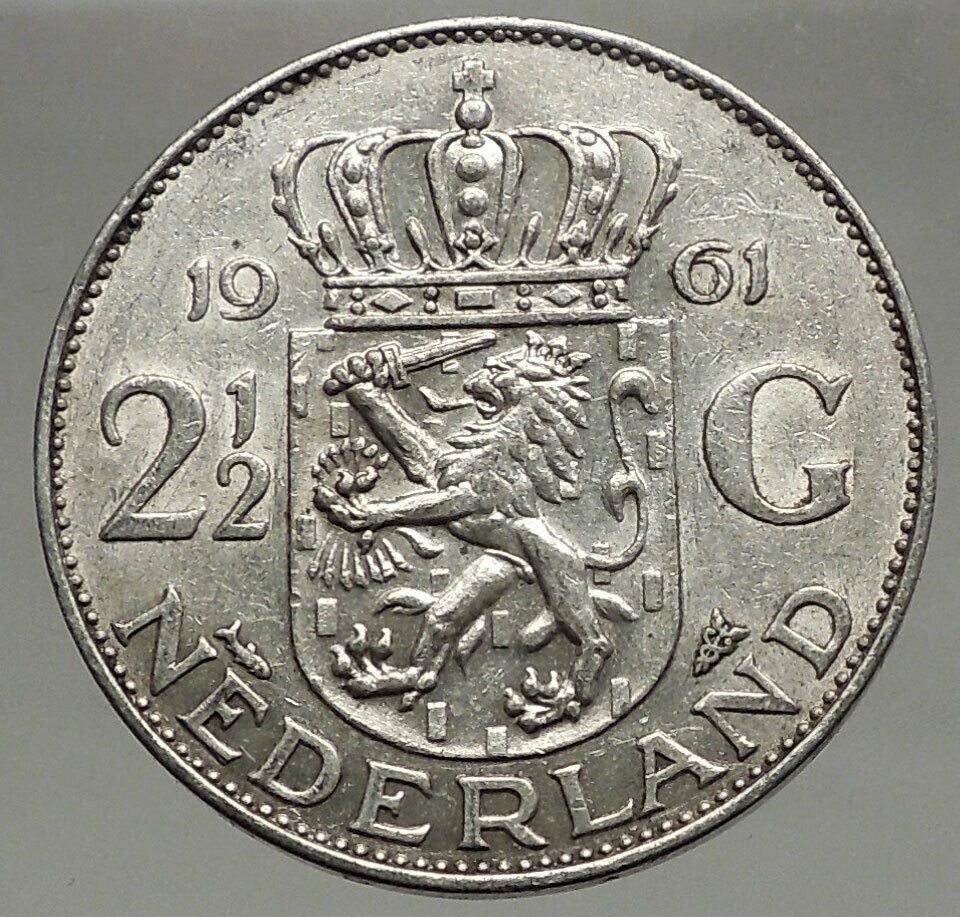 1961 Netherlands Kingdom Queen JULIANA Authentic Silver 2 1/2 Gulden Coin i56605