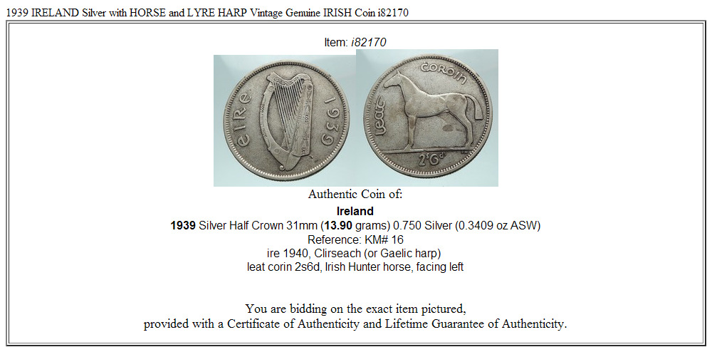 1939 IRELAND Silver with HORSE and LYRE HARP Vintage Genuine IRISH Coin i82170