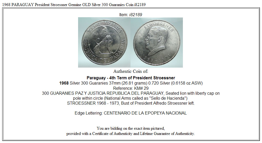 1968 PARAGUAY President Stroessner Genuine OLD Silver 300 Guaranies Coin i82189