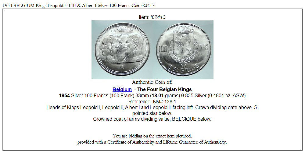 1954 BELGIUM Kings Leopold I II III & Albert I Silver 100 Francs Coin i82413