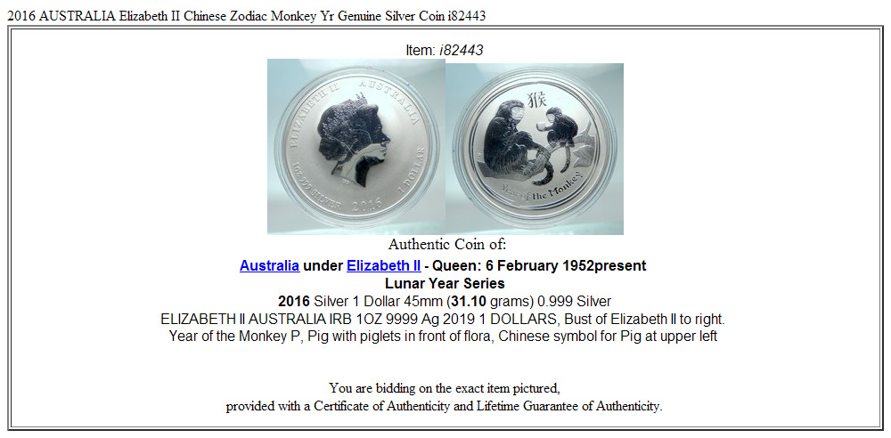 2016 AUSTRALIA Elizabeth II Chinese Zodiac Monkey Yr Genuine Silver Coin i82443