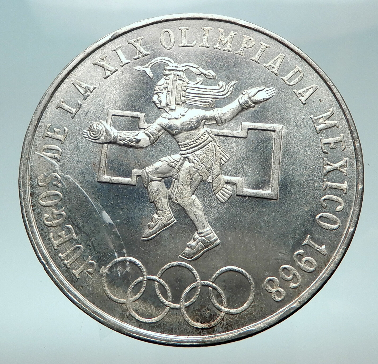 1968 Mexico XIX Olympic Games Aztec Ball Player BIG 25 Pesos Silver Coin i82529