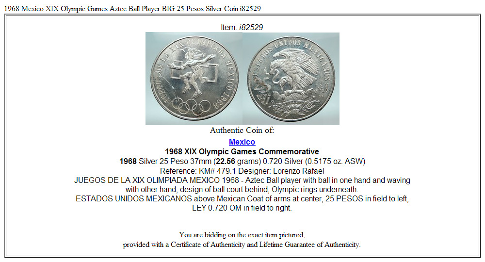 1968 Mexico XIX Olympic Games Aztec Ball Player BIG 25 Pesos Silver Coin i82529