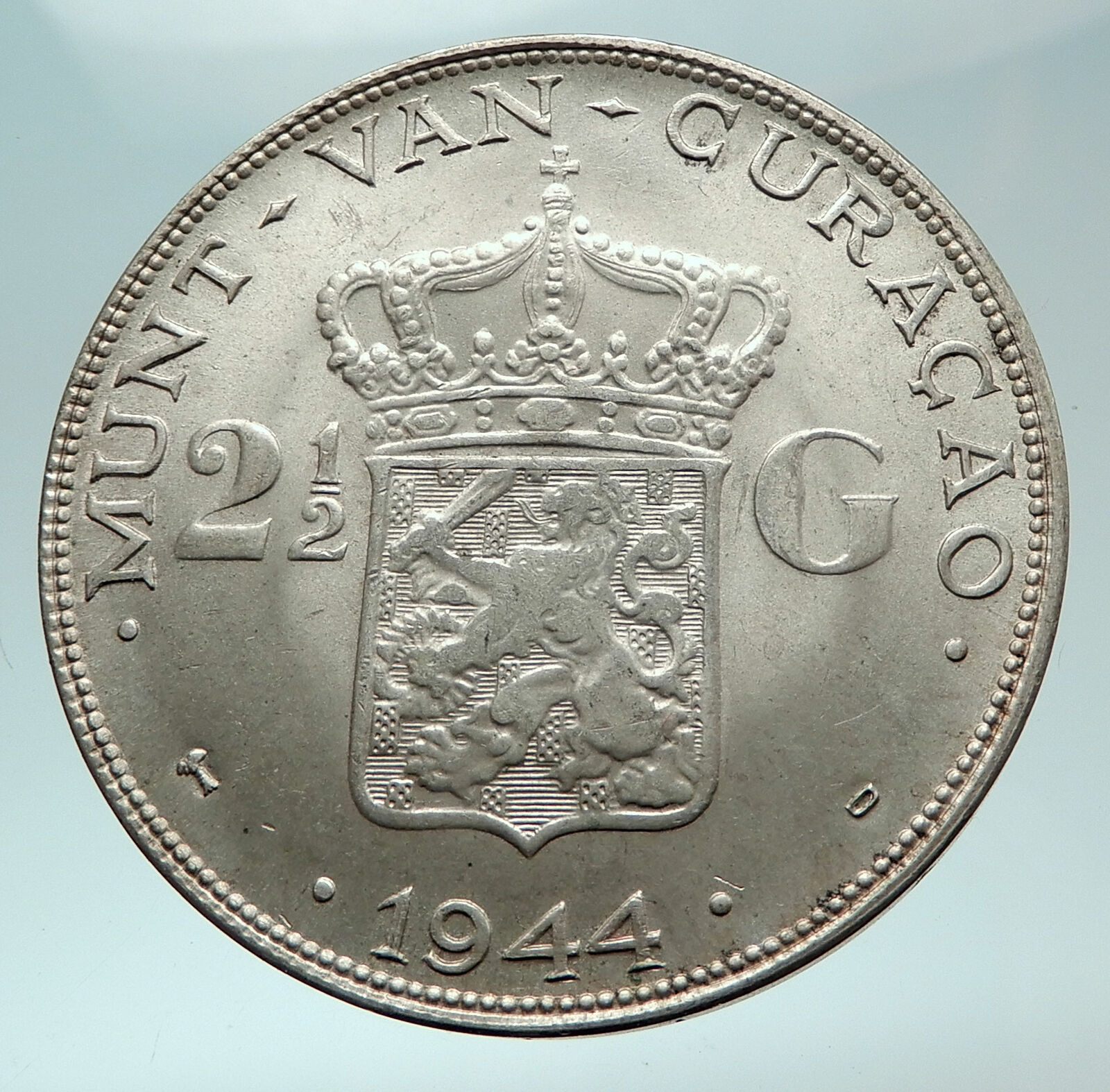 1944 CURACAO Netherlands Kingdom WILHELMINA Old Silver 2 1/2 Gulden Coin i82416