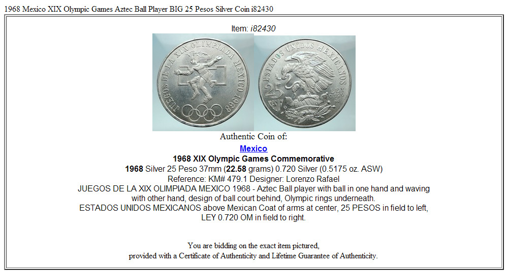 1968 Mexico XIX Olympic Games Aztec Ball Player BIG 25 Pesos Silver Coin i82430