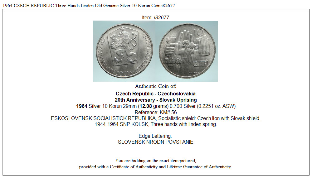 1964 CZECH REPUBLIC Three Hands Linden Old Genuine Silver 10 Korun Coin i82677