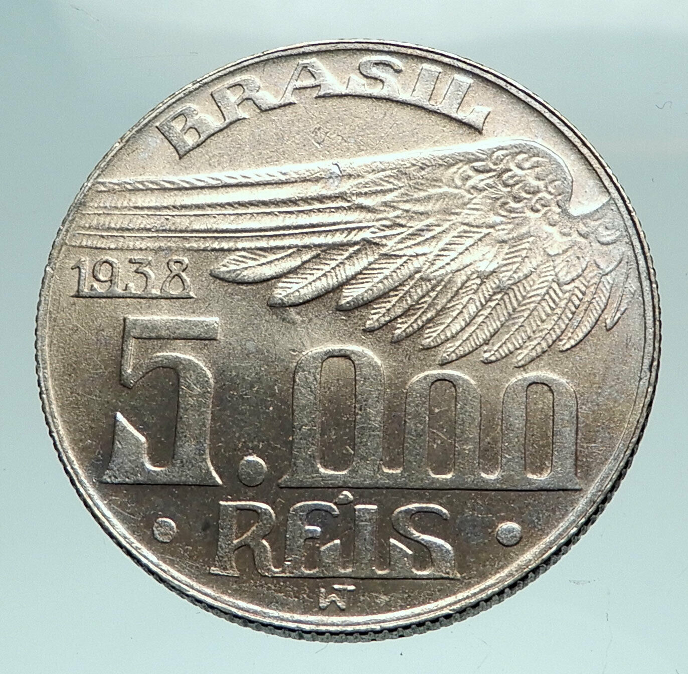 1938 BRAZIL Alberto Santos Dumont AVIATION Antique Silver 5000 Reis Coin i82491